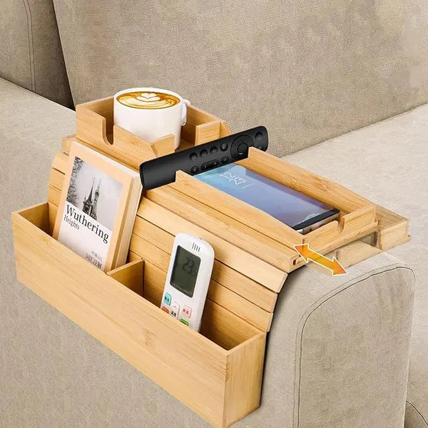 Bamboo Sofa Arm Tray Foldable Couch Armrest Table with Detachable Cup Holder Anti Slip Tray for Drinks Phone Snacks Remote Control