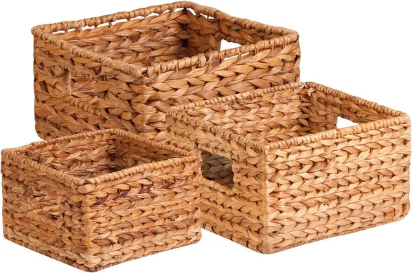 Banana Leaf Storage Baskets Set of 3, Handwoven Water Hyacinth Decor Basket for Shelves, Closet & Pantry Home Organizer
