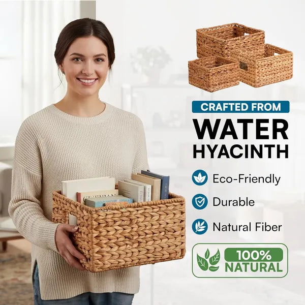 Banana Leaf Storage Baskets Set of 3, Handwoven Water Hyacinth Decor Basket for Shelves, Closet & Pantry Home Organizer