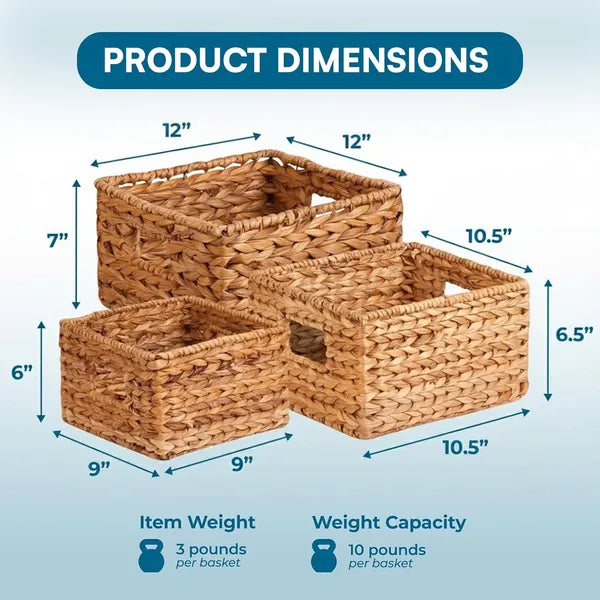 Banana Leaf Storage Baskets Set of 3, Handwoven Water Hyacinth Decor Basket for Shelves, Closet & Pantry Home Organizer