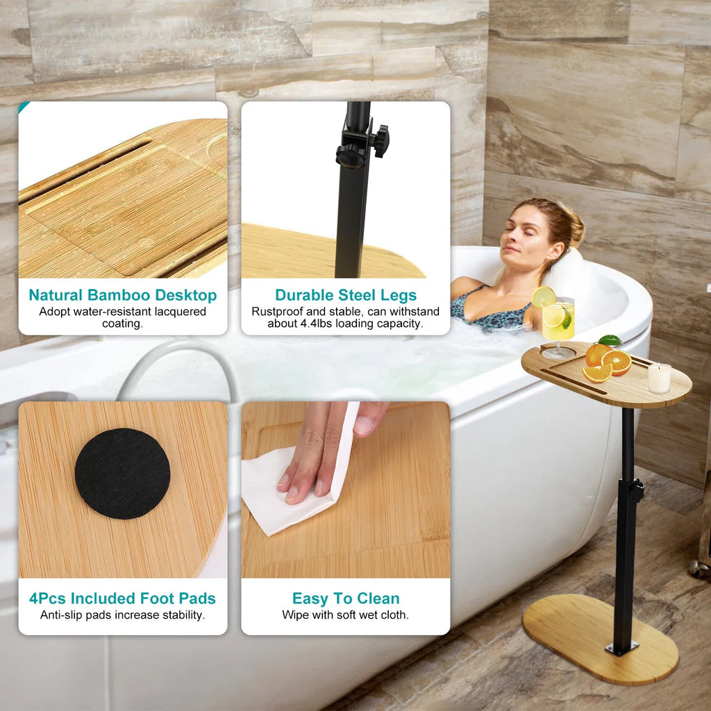 Bamboo Bathtub Tray Table, Adjustable Height Freestanding Tub Caddy for Tub Against Wall