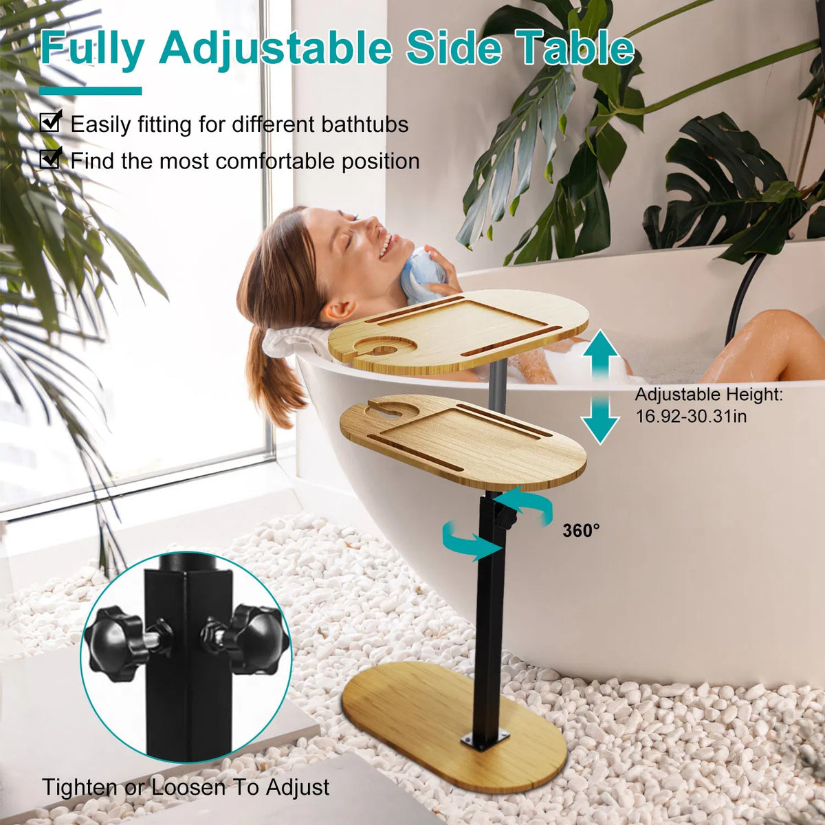 Bamboo Bathtub Tray Table, Adjustable Height Freestanding Tub Caddy for Tub Against Wall