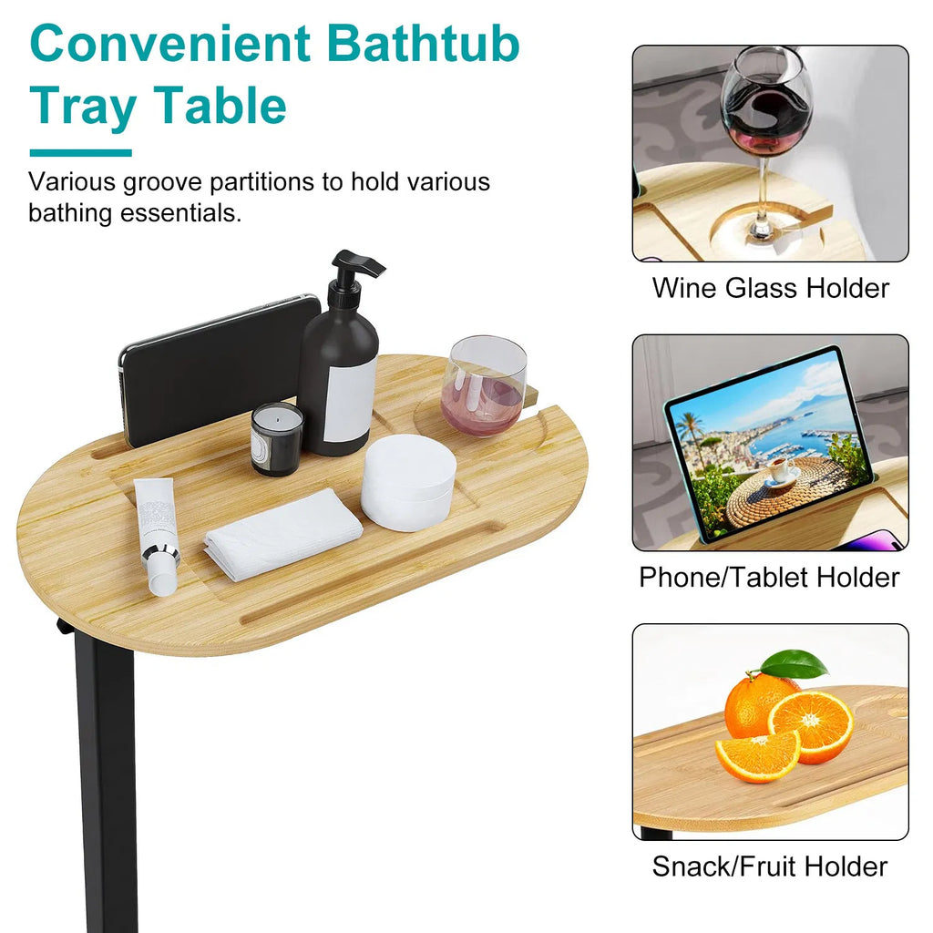 Bamboo Bathtub Tray Table, Adjustable Height Freestanding Tub Caddy for Tub Against Wall