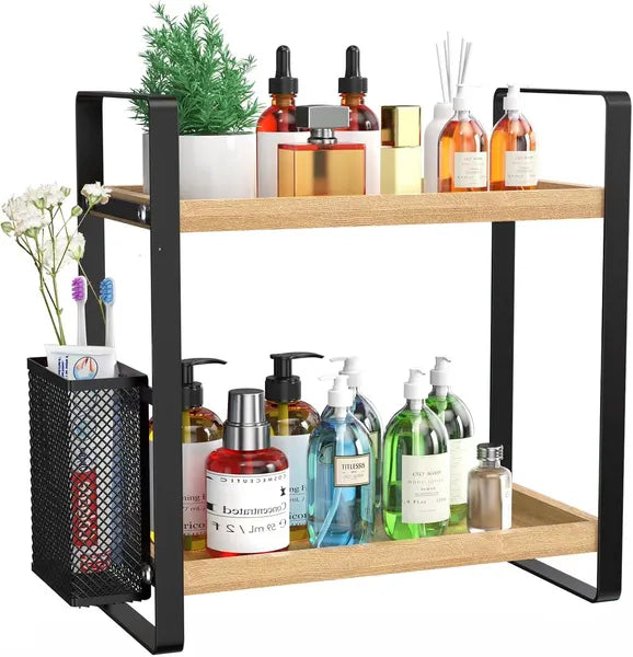 2-Tier Bathroom Countertop Organizer, Wood Tray Storage Rack with Mesh Basket, Metal Frame Vanity Skincare Shelf for Bathroom Kitchen Dresser