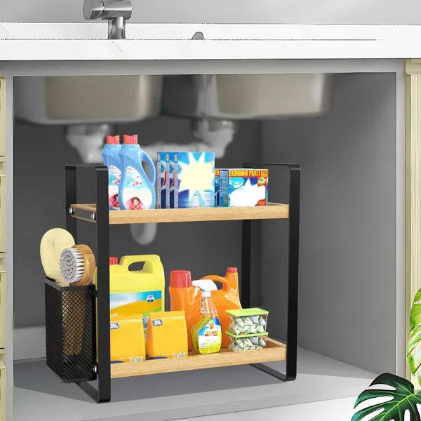 2-Tier Bathroom Countertop Organizer, Wood Tray Storage Rack with Mesh Basket, Metal Frame Vanity Skincare Shelf for Bathroom Kitchen Dresser