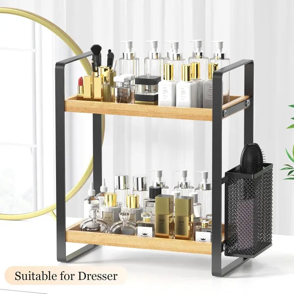 2-Tier Bathroom Countertop Organizer, Wood Tray Storage Rack with Mesh Basket, Metal Frame Vanity Skincare Shelf for Bathroom Kitchen Dresser