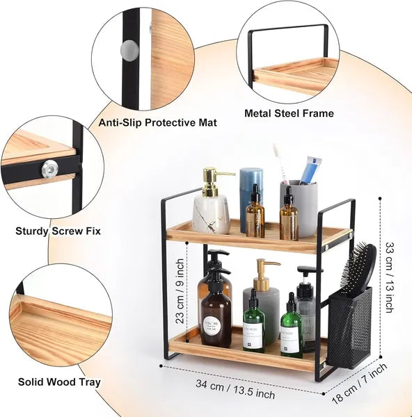 2-Tier Bathroom Countertop Organizer, Wood Tray Storage Rack with Mesh Basket, Metal Frame Vanity Skincare Shelf for Bathroom Kitchen Dresser