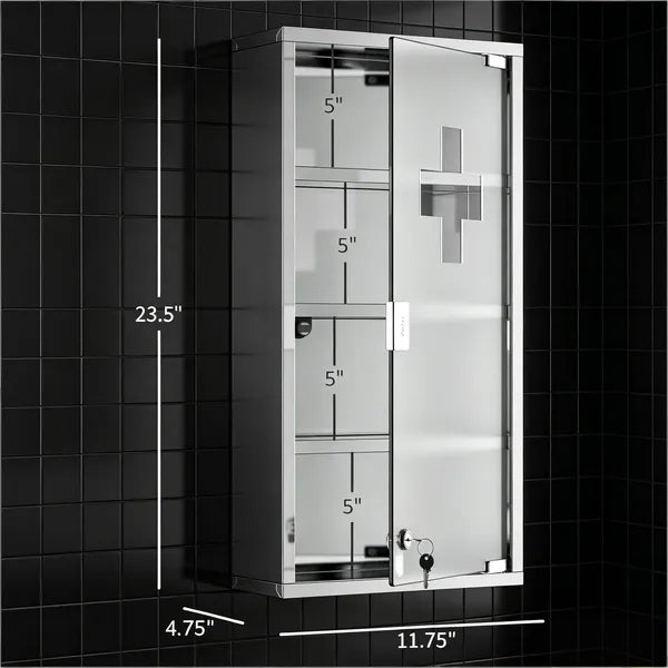 Aeelleea Lockable Medicine Cabinet 12"x24", 4 Tier Stainless Steel Wall Mounted Bathroom Medical Storage Box with Shelves