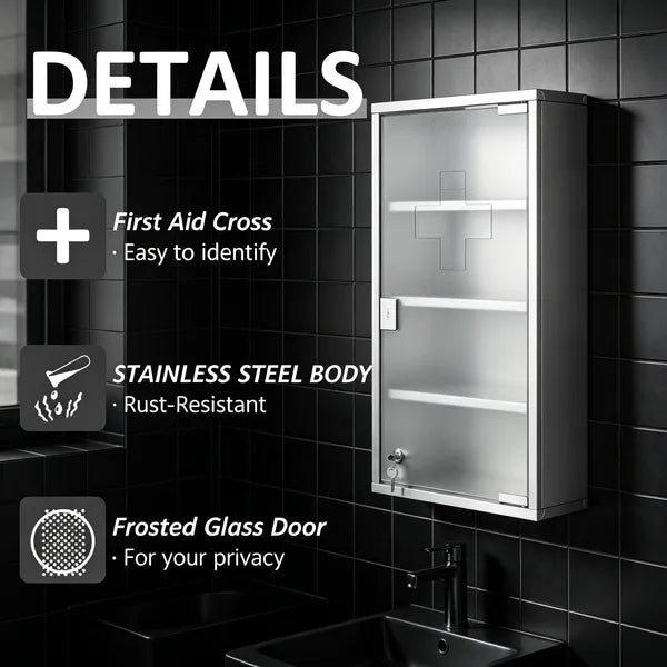 Aeelleea Lockable Medicine Cabinet 12"x24", 4 Tier Stainless Steel Wall Mounted Bathroom Medical Storage Box with Shelves