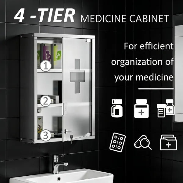 Aeelleea Lockable Medicine Cabinet 12"x24", 4 Tier Stainless Steel Wall Mounted Bathroom Medical Storage Box with Shelves