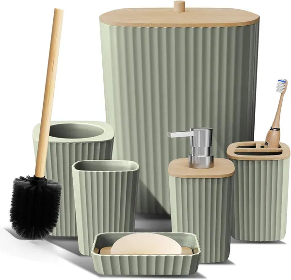 Sage Green 6-Piece Bathroom Accessory Set, Includes Trash Can, Toilet Brush & Soap Dispenser for Bathroom Decor