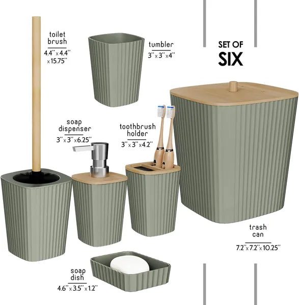 Sage Green 6-Piece Bathroom Accessory Set, Includes Trash Can, Toilet Brush & Soap Dispenser for Bathroom Decor