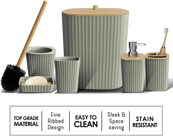 Sage Green 6-Piece Bathroom Accessory Set, Includes Trash Can, Toilet Brush & Soap Dispenser for Bathroom Decor