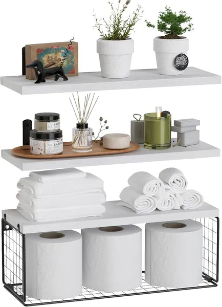 Floating Bathroom Shelves Set of 3, Wall Mounted Over Toilet Storage Shelf with Wire Basket, White Wood Floating Shelf for Bathroom Decor