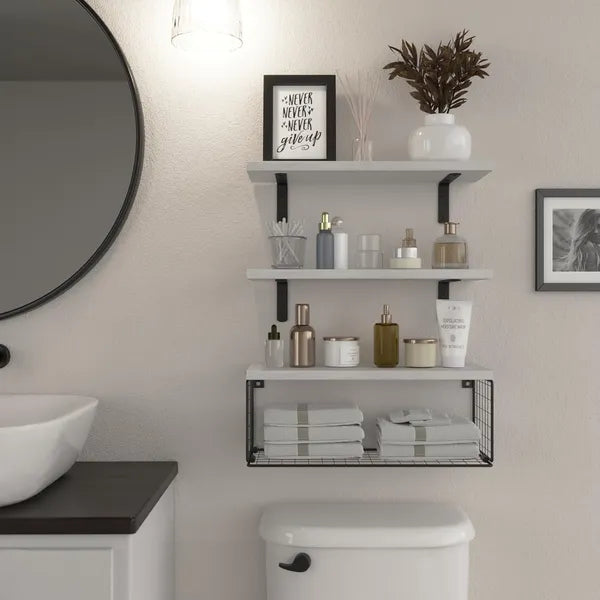 Floating Bathroom Shelves Set of 3, Wall Mounted Over Toilet Storage Shelf with Wire Basket, White Wood Floating Shelf for Bathroom Decor