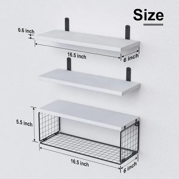 Floating Bathroom Shelves Set of 3, Wall Mounted Over Toilet Storage Shelf with Wire Basket, White Wood Floating Shelf for Bathroom Decor