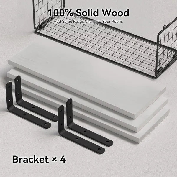 Floating Bathroom Shelves Set of 3, Wall Mounted Over Toilet Storage Shelf with Wire Basket, White Wood Floating Shelf for Bathroom Decor