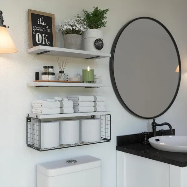 Floating Bathroom Shelves Set of 3, Wall Mounted Over Toilet Storage Shelf with Wire Basket, White Wood Floating Shelf for Bathroom Decor