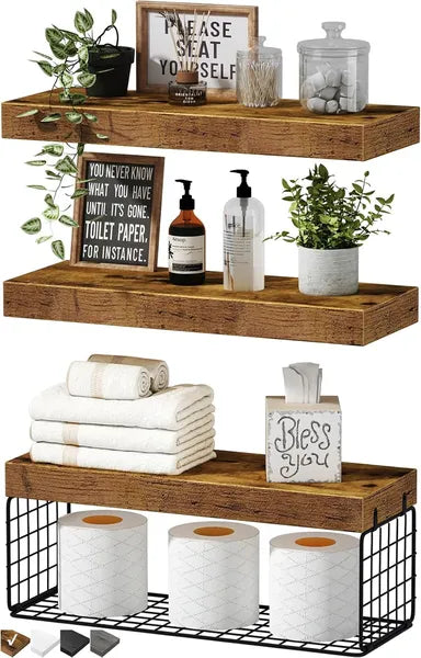 Wall Mounted Floating Bathroom Shelves Set of 3, 16 Inch Rustic Brown Farmhouse Over Toilet Storage Shelf for Toilet Paper & Decor