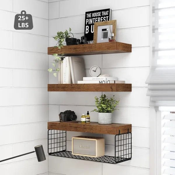 Wall Mounted Floating Bathroom Shelves Set of 3, 16 Inch Rustic Brown Farmhouse Over Toilet Storage Shelf for Toilet Paper & Decor