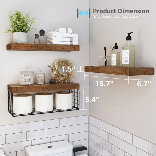 Wall Mounted Floating Bathroom Shelves Set of 3, 16 Inch Rustic Brown Farmhouse Over Toilet Storage Shelf for Toilet Paper & Decor