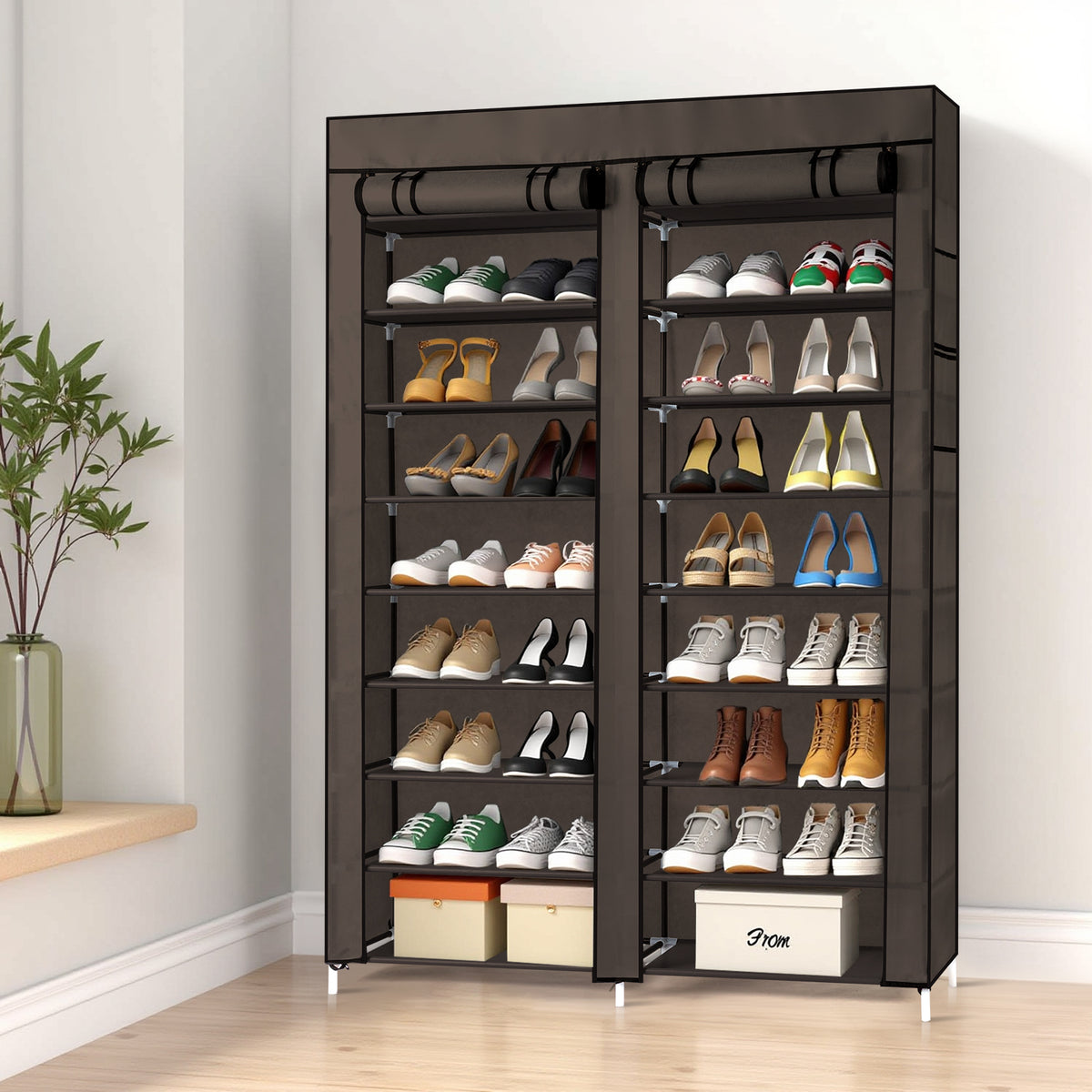 AEELLEEA- 10-Tier Double Row Shoe Rack, Gray Fabric Shoe Storage Organizer with Iron Frame, Freestanding Entryway Shoe Cabinet