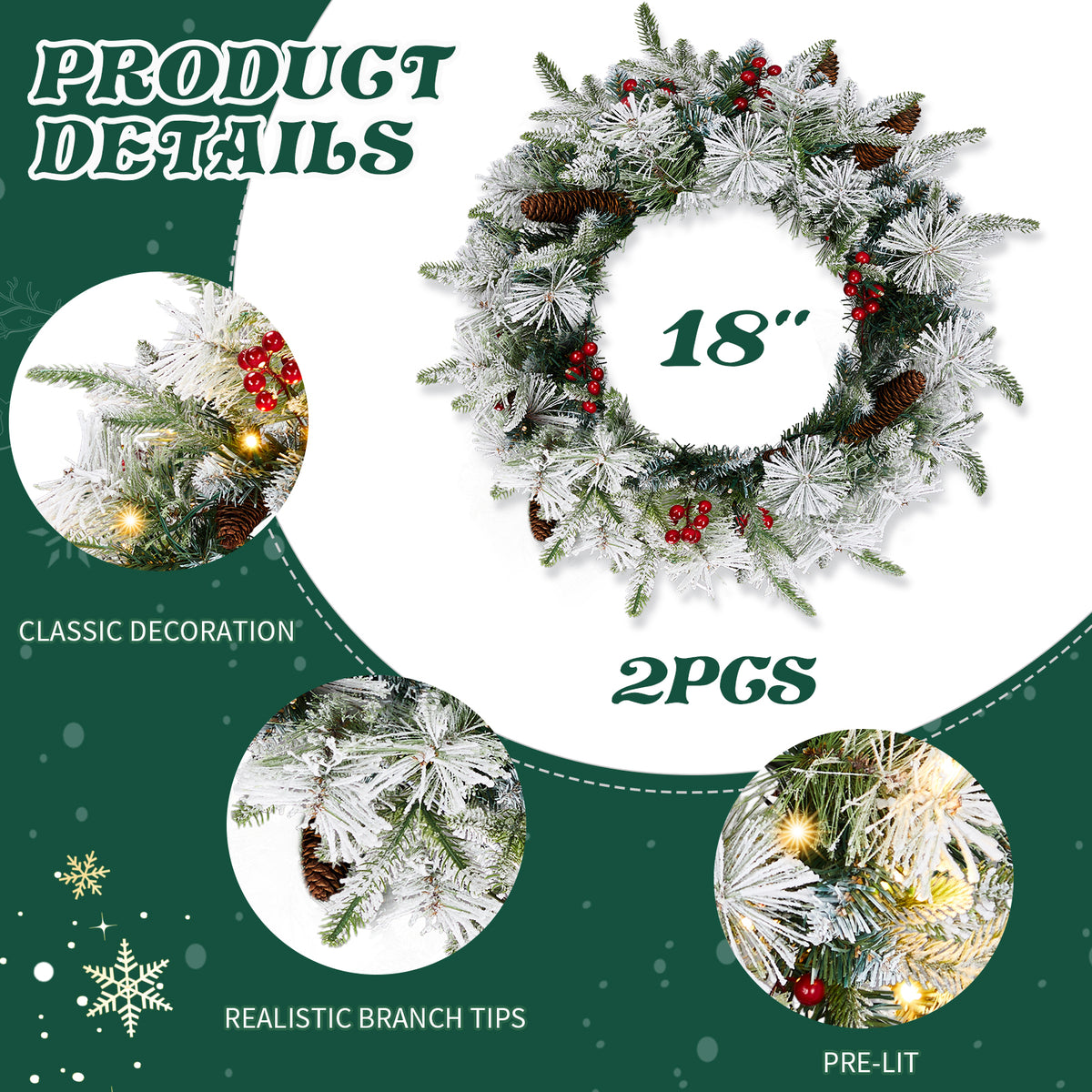 2Pcs 18" Lighted Christmas Wreaths, Snow Flocked PVC PE Wreath with Pinecones Red Berries, 60 Warm White Lights Battery Box 8 Modes