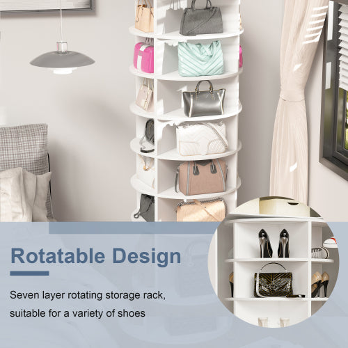 AEELLEEA 7-Tier Rotating Shoe Rack Tower, 360° Freestanding Spinning Shoe Organizer, White PVC Storage Holder for Heels, Boots and Handbags