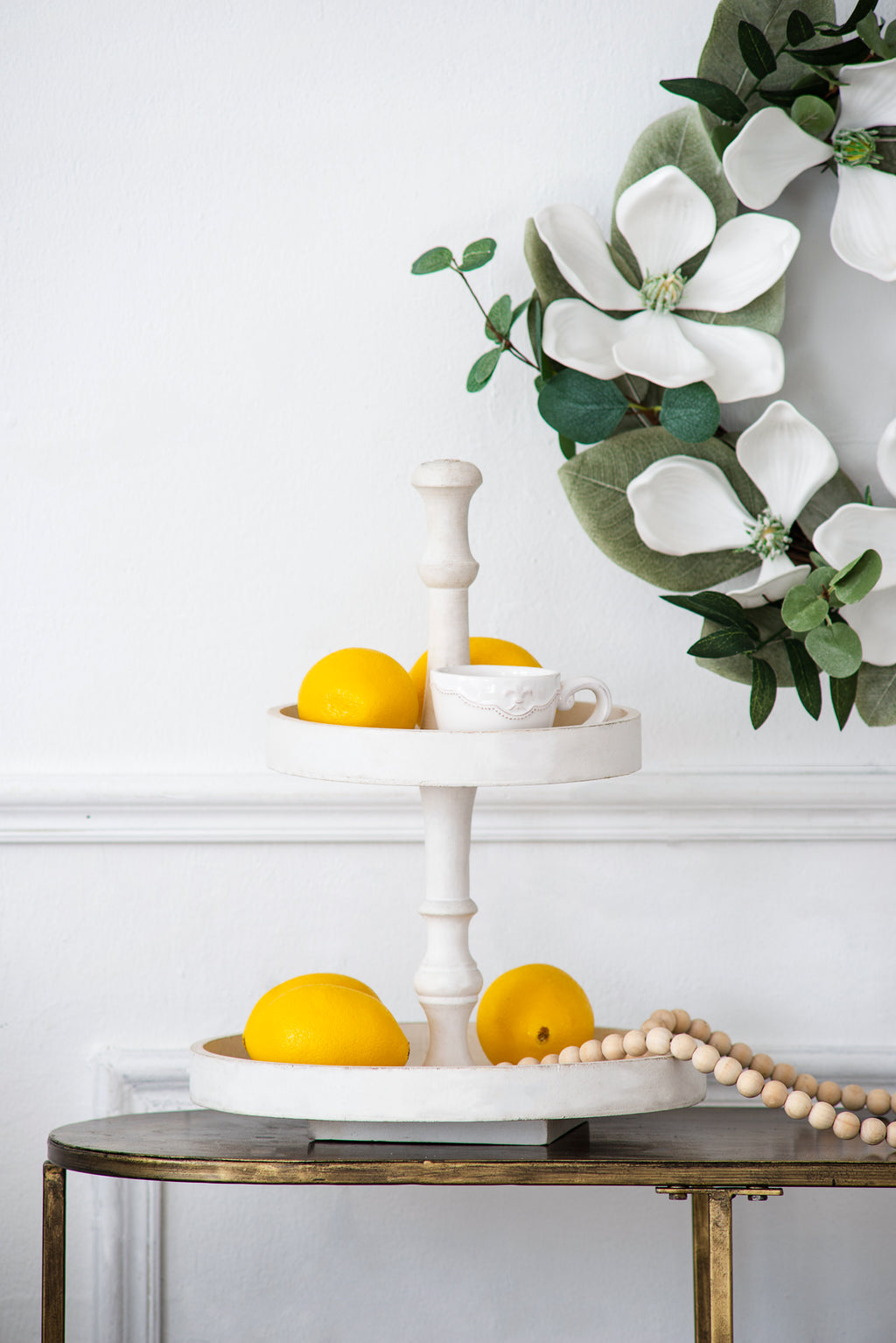 White Two-Tiered Round Wooden Serving Stand, 11.8x15.4 Inch Farmhouse Tiered Tray Decor, 2 Tier Round Display Tray for Kitchen Countertop Coffee Bar Party Dessert Storage