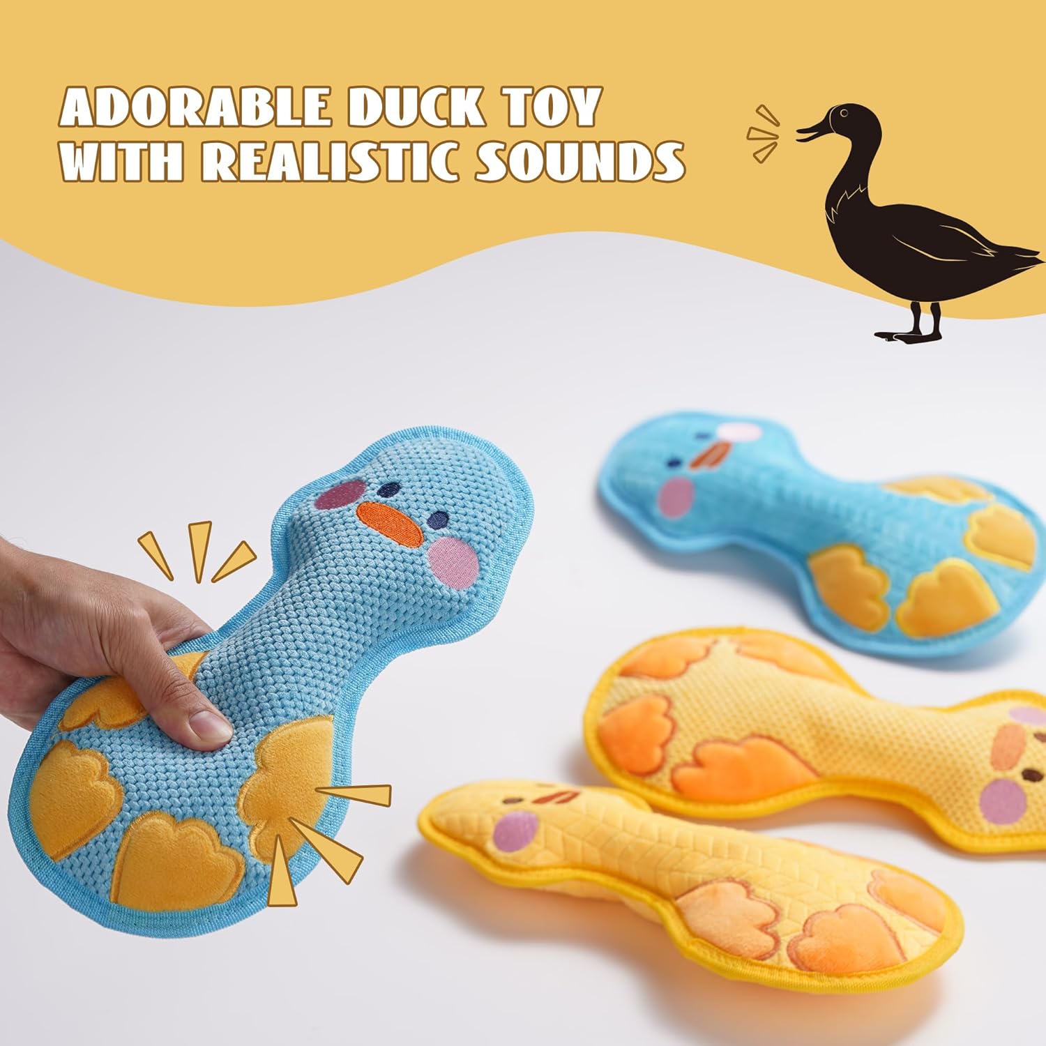 Nocciola Duck Squeaky Dog Toy, New 2025 Indestructible Dog Toy for Aggressive Chewers, Stuffed Toy with Two Tough Layers, Minky Plush for Comfort and Chewing, Yellow