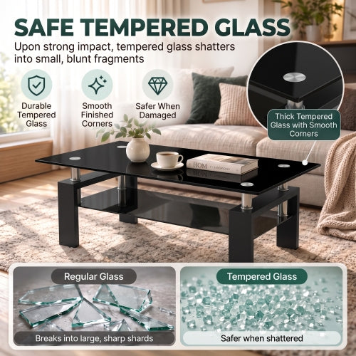 AEELLEEA Black Tempered Glass Coffee Table, 7mm Glass Top, Lower Storage Shelf, Modern Rectangular Living Room Table