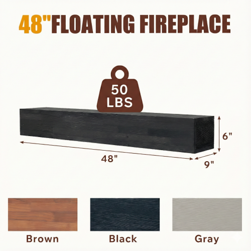 AEELLEEA 48-Inch Solid Wood Floating Fireplace Mantel Shelf, 9 x 6 in, Black, 50 lb Capacity