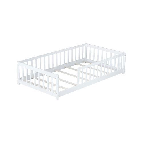 AEELLEEA Twin Size Montessori Floor Bed with Guardrails, Wooden Kids Bed Frame with Slats and Low Entry, White
