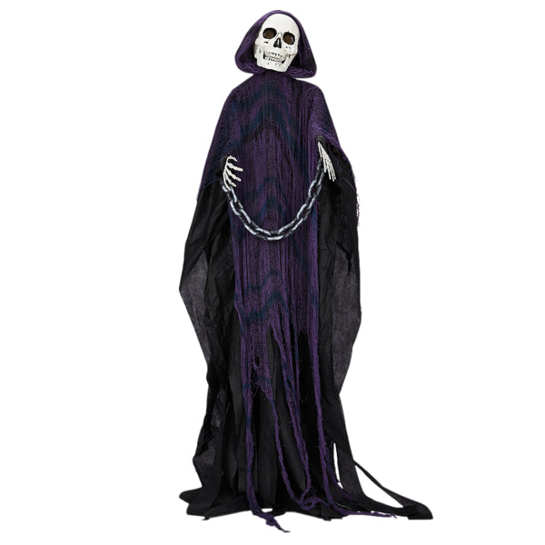 Red LED glowing eyes, manually-movable head, male voice, sound-activated, battery-operated (batteries not included)