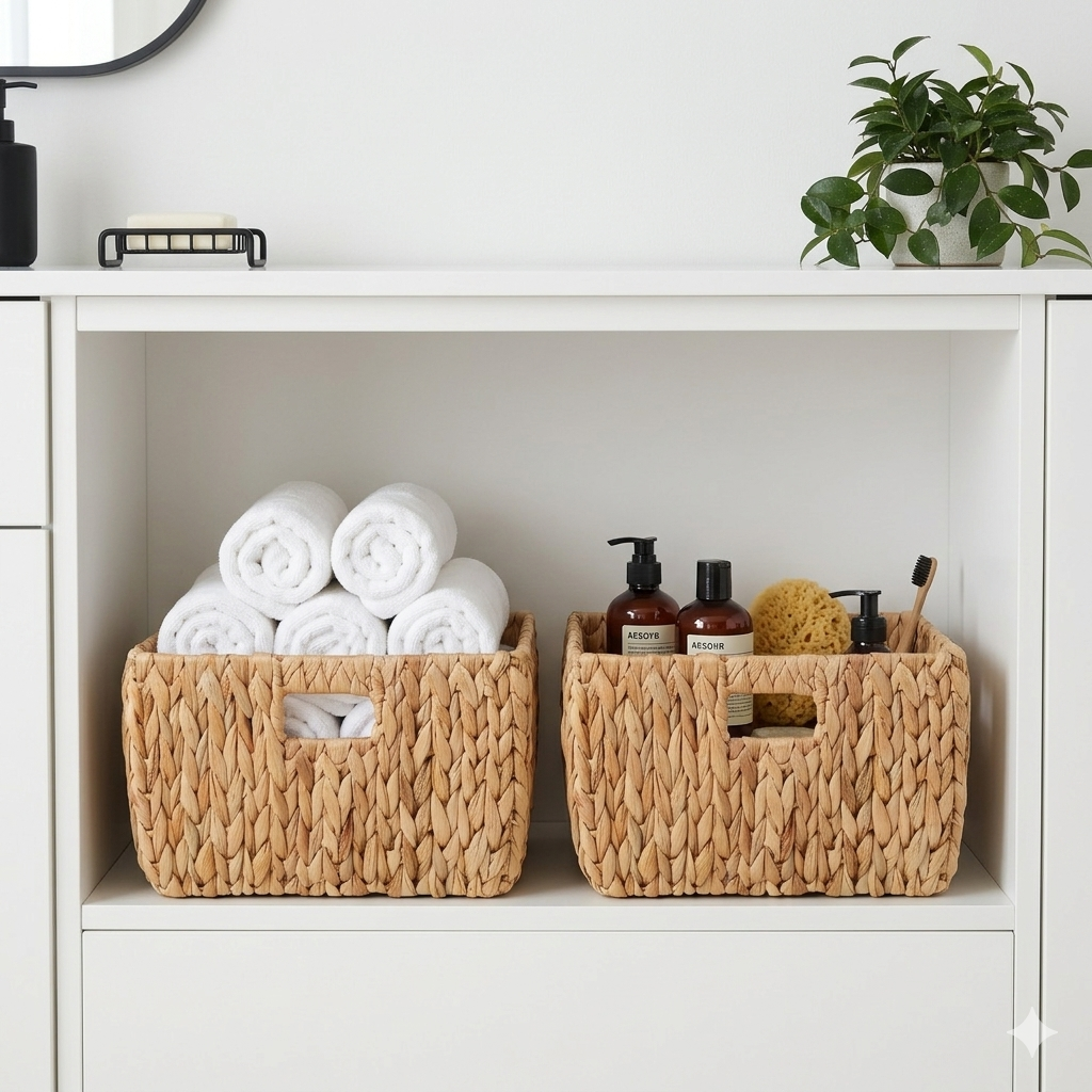 Water Hyacinth Storage Basket with Handles, Handwoven Arrow Weave Organizer Bin for Shelves, Closet, Nursery, or Living Room