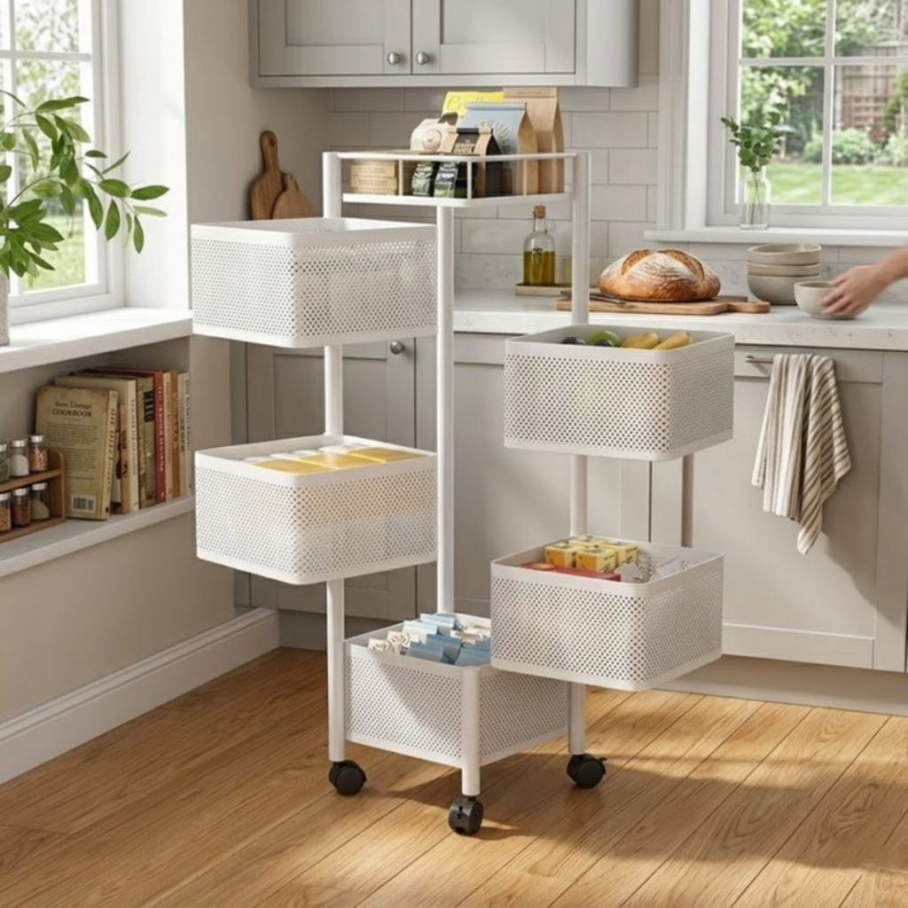 AEELLEEA 5-Tier Rotating Kitchen Storage Cart, Metal Mesh Basket with Lockable Wheels, Mobile Organizer for Kitchen & Bathroom