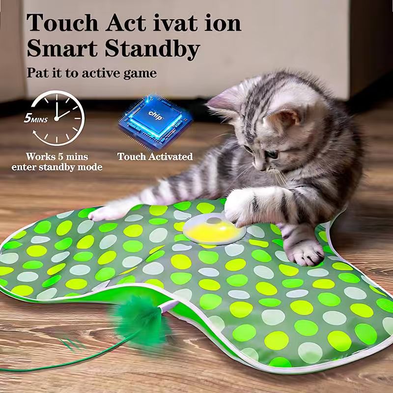 AEELLEEA Universal Size Touch-Activated Cat Toy - Moving Concealed Feathers, Real Mouse Squeak, Indoor Exercise Toy, Green