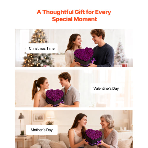 AEELLEEA 27 Preserved Real Purple Roses in Heart Shaped Gift Box, Eternal Forever Flowers, Romantic Gift for Valentine's Day, Mother's Day, Birthday