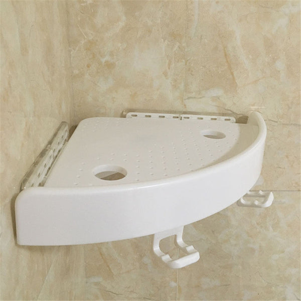 No Drill Bathroom Corner Shelf, White Fan Shaped Adhesive Corner Holder with Drain Holes and Hooks, Wall Mount Organizer for Shampoo Toiletries