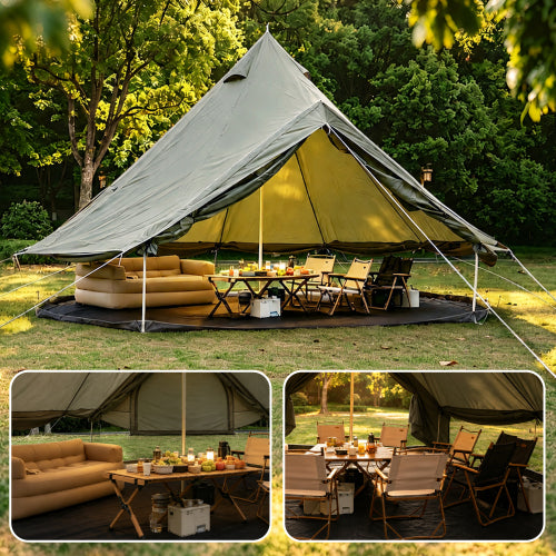 Pyramid Bell Tent 157.48x98.43 Inch, Olive Green Glamping Tent with Center Pole, Large Canvas Camping Tent for Family