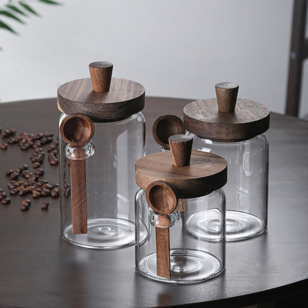 Glass Coffee Bean Storage Jar with Wooden Lid and Spoon, Clear Kitchen Canister, 15/18.5/25 oz