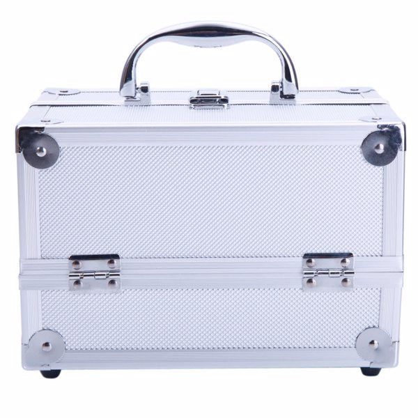 Silvery Aluminum Double-Open Makeup Train Case SM-2176 with Mirror & Top Handle, Portable Travel Cosmetic Gift for Women