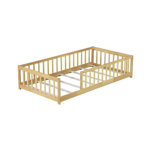 AEELLEEA Twin Size Montessori Floor Bed with Guardrails, Wooden Kids Bed Frame with Low Entry and Slats, Natural Wood