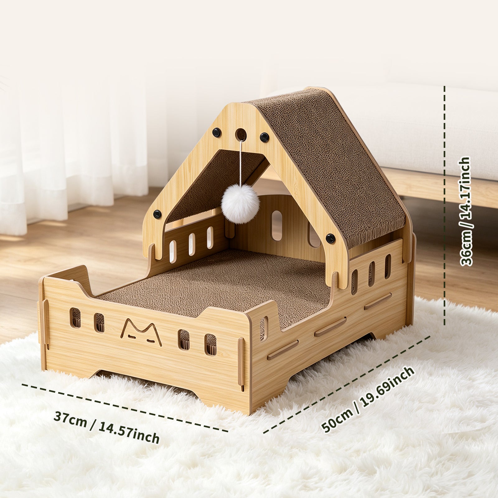 Cat Scratcher Bed, 3‑In‑1 Vertical Curved Cat Scratch Pad With Solid Wood Frame & Hanging Pom‑Pom Toy For Indoor Cats