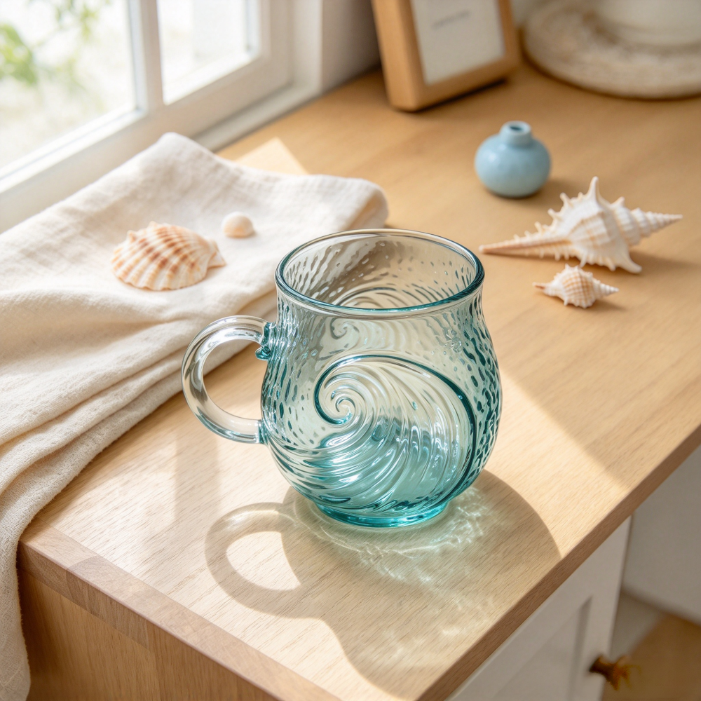 Handblown Ocean Wave Sea Glass Mug, 12oz Textured Blue Glass Coffee Tea Cup, Coastal Beach Themed Drinkware, Unique Artisan Gift for Ocean Lovers