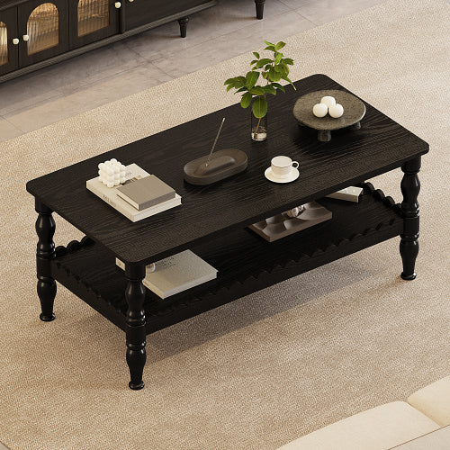 AEELLEEA 43.3" Black Farmhouse Coffee Table with Storage Shelf, Rustic Rectangular Living Room Center Table with Turned Legs