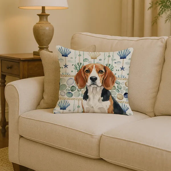 Aeelleea Beagle Coastal Sea Glass Throw Pillow 14x14 in, Nautical Dog Cushion for Couch Bed Patio