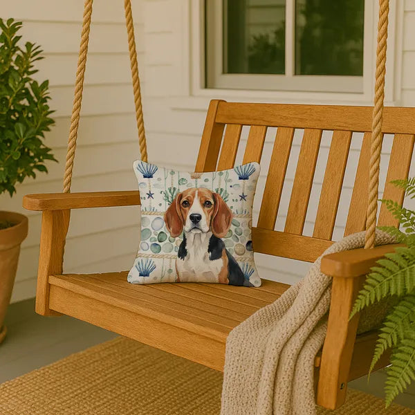 Aeelleea Beagle Coastal Sea Glass Throw Pillow 14x14 in, Nautical Dog Cushion for Couch Bed Patio
