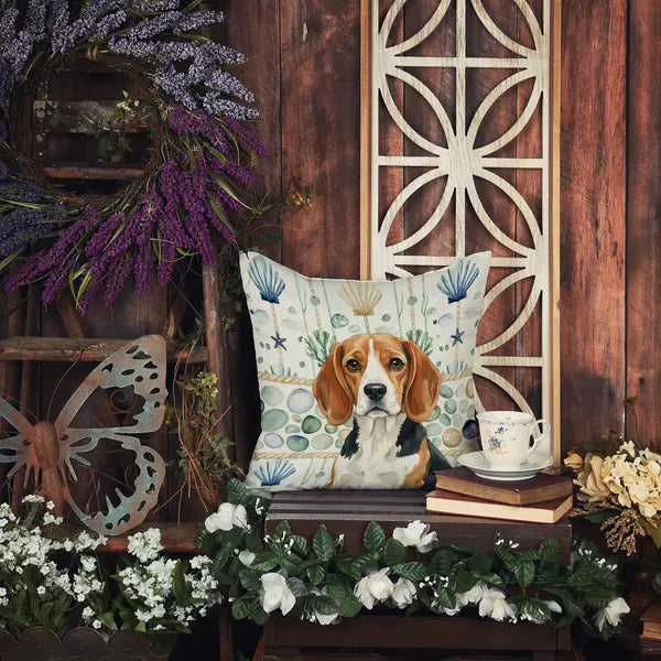 Aeelleea Beagle Coastal Sea Glass Throw Pillow 14x14 in, Nautical Dog Cushion for Couch Bed Patio