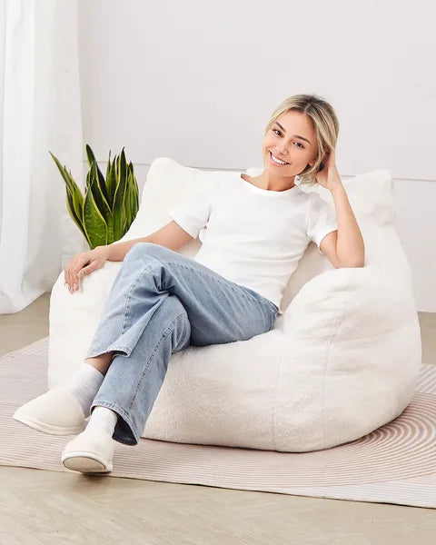 3ft Bean Bag Chair, White Teddy Velvet with Armrest & Storage Pocket, 25D Memory Foam Lazy Sofa for Bedroom Game Room